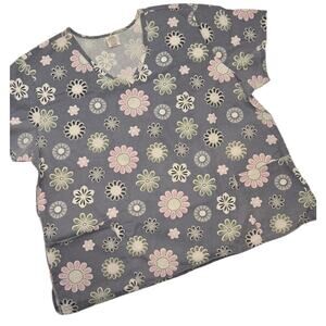 Simply Basic Floral V-Neck Scrub Top - Size 3X - Slate Grey & Pink - 2010